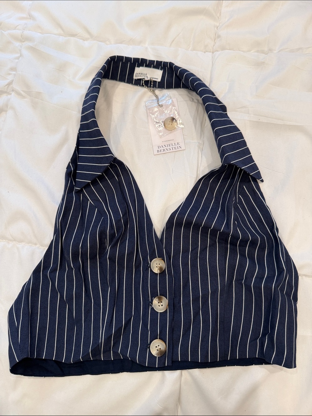 DANIELLE BERNSTEIN Navy and White Pinstripe Halter Button Crop Top